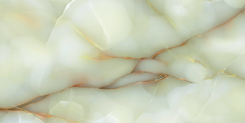 Close-up of Fantasia Jade Green Onyx Polished 60 × 120cm stone effect tile, featuring soft green tones with flowing gold and amber veining, creating a layered, organic pattern with a high-gloss polished finish.