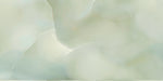 Close-up of Fantasia Jade Green Onyx Polished 60 × 120cm stone effect tile, featuring soft green tones with flowing gold and amber veining, creating a layered, organic pattern with a high-gloss polished finish.