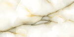 Close-up of Fantasia Pearl Onyx Matt 60 × 120cm stone effect tile, featuring soft cream tones with flowing grey and gold veining, creating a natural, layered look with a refined matt finish.
