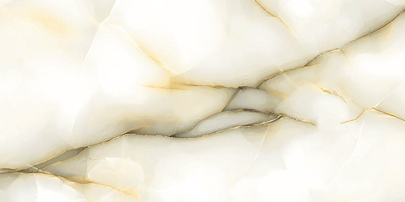 Close-up of Fantasia Pearl Onyx Polished 60 × 120cm stone effect tile, featuring soft cream tones with flowing grey and gold veining, creating a natural, layered pattern with a high-gloss polished finish.