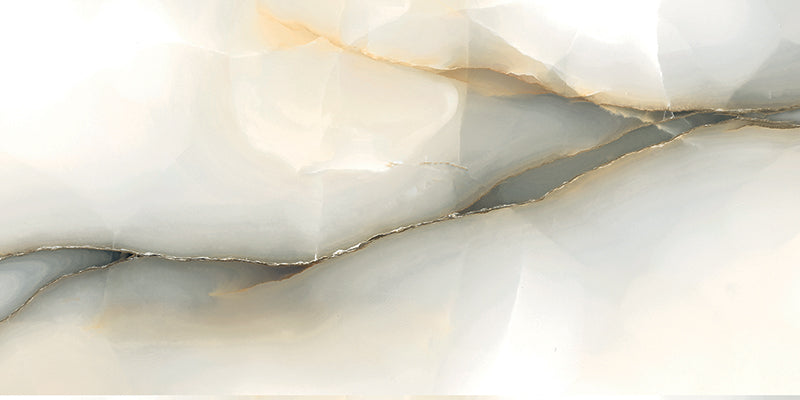 Close-up of Fantasia Pearl Onyx Polished 60 × 120cm stone effect tile, featuring soft cream tones with flowing grey and gold veining, creating a natural, layered pattern with a high-gloss polished finish.