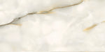 Close-up of Fantasia Pearl Onyx Polished 60 × 120cm stone effect tile, featuring soft cream tones with flowing grey and gold veining, creating a natural, layered pattern with a high-gloss polished finish.