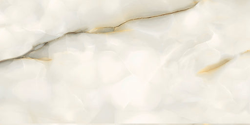 Close-up of Fantasia Pearl Onyx Polished 60 × 120cm stone effect tile, featuring soft cream tones with flowing grey and gold veining, creating a natural, layered pattern with a high-gloss polished finish.