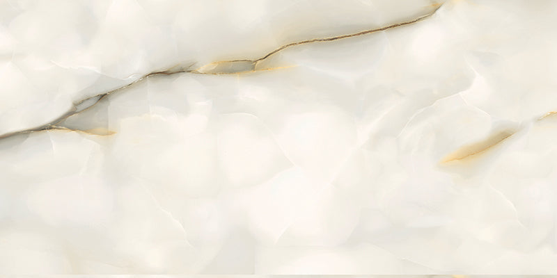 Close-up of Fantasia Pearl Onyx Polished 60 × 120cm stone effect tile, featuring soft cream tones with flowing grey and gold veining, creating a natural, layered pattern with a high-gloss polished finish.