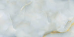 Close-up of Fantasia Turchese Blue Onyx Matt 60 × 120cm stone effect tile, featuring soft blue tones with flowing gold and grey veining, creating a layered, organic pattern with a smooth matt finish.