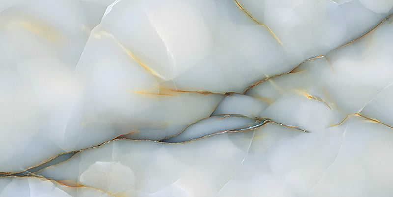 Close-up of Fantasia Turchese Blue Onyx Matt 60 × 120cm stone effect tile, featuring soft blue tones with flowing gold and grey veining, creating a layered, organic pattern with a smooth matt finish.