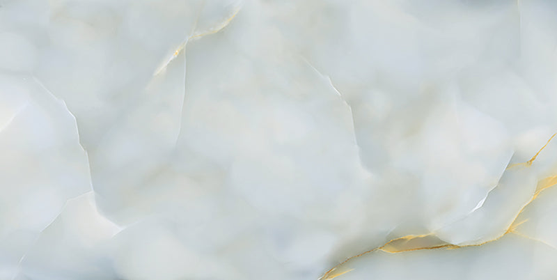 Close-up of Fantasia Turchese Blue Onyx Polished 60 × 120cm stone effect tile, featuring soft blue tones with flowing gold and grey veining, creating a layered, organic pattern with a high-gloss polished finish.