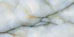Close-up of Fantasia Turchese Blue Onyx Polished 60 × 120cm stone effect tile, featuring soft blue tones with flowing gold and grey veining, creating a layered, organic pattern with a high-gloss polished finish.