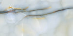 Close-up of Fantasia Turchese Blue Onyx Polished 60 × 120cm stone effect tile, featuring soft blue tones with flowing gold and grey veining, creating a layered, organic pattern with a high-gloss polished finish.
