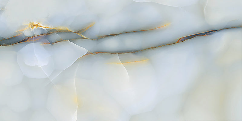 Close-up of Fantasia Turchese Blue Onyx Polished 60 × 120cm stone effect tile, featuring soft blue tones with flowing gold and grey veining, creating a layered, organic pattern with a high-gloss polished finish.