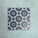 Arrangement of Fizaan Federal Blue 20x20cm Moroccan-style porcelain tiles, showcasing a repeating geometric pattern in deep blue and soft neutral tones.