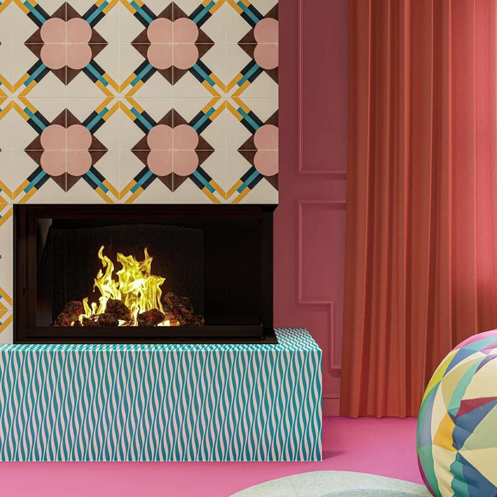 Geometry Contour patterned tiles in a 20x20cm size displayed in a fireplace setting, featuring mauve circular motifs, mustard and teal linear accents, and brown geometric framing, installed on a cream background alongside a modern fireplace with surrounding teal wave-pattern tiles and pink interior décor.