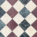 Diamond pattern featuring Fitzrovia Cappuccino Tumbled Finish Natural Marble 15.2cm x 15.2cm tiles paired with Fitzrovia Verde and Fitzrovia Claret Red marble, creating a timeless three-colour natural marble floor with warm, elegant character.