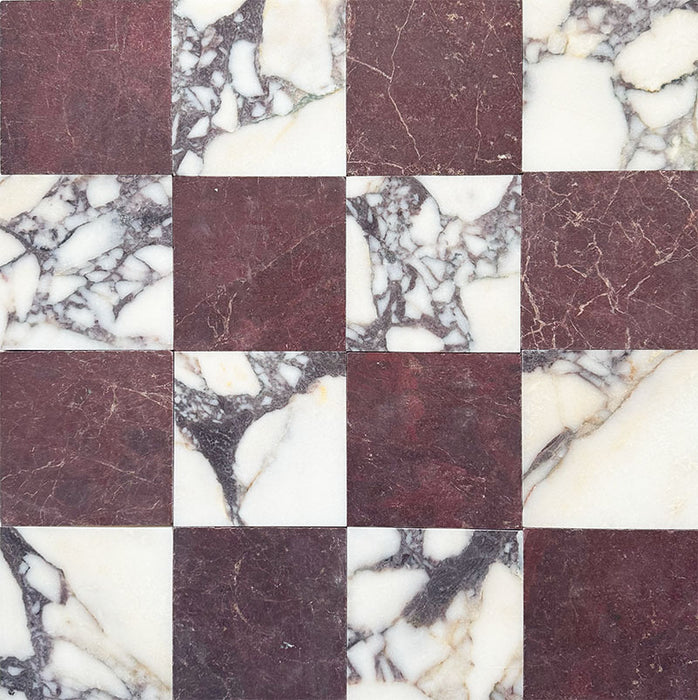 Chequerboard design featuring Fitzrovia Claret Red Tumbled Finish Natural Marble 15.2cm x 15.2cm tiles paired with white natural marble, showcasing rich burgundy tones, bold veining and an elegant, timeless chequerboard pattern.