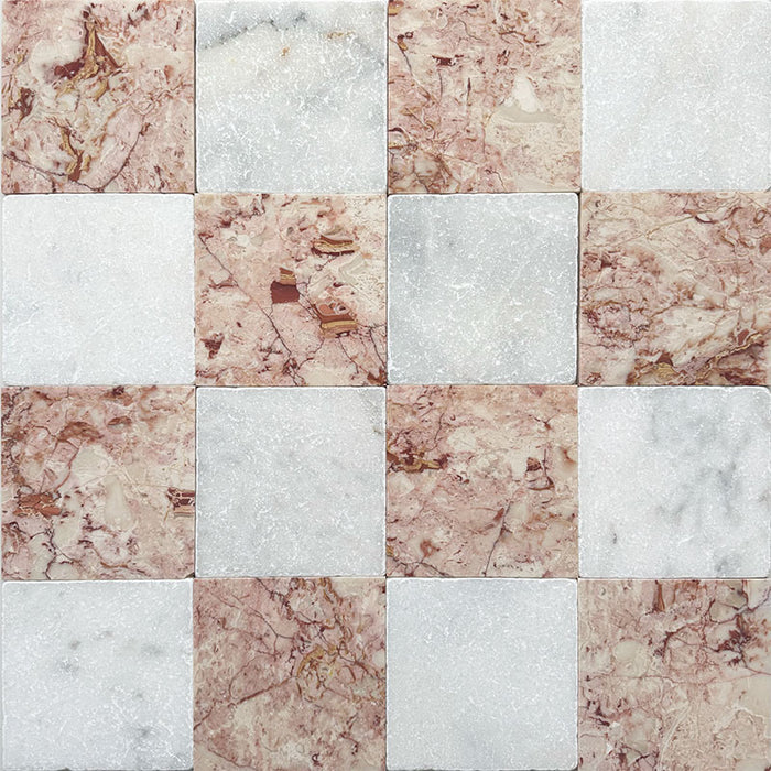 Chequerboard design featuring Fitzrovia Sylvester Pink Honed Finish Natural Marble 15.2cm x 15.2cm tiles paired with white natural marble, combining soft blush pink tones, delicate natural veining and a timeless marble chequerboard pattern.