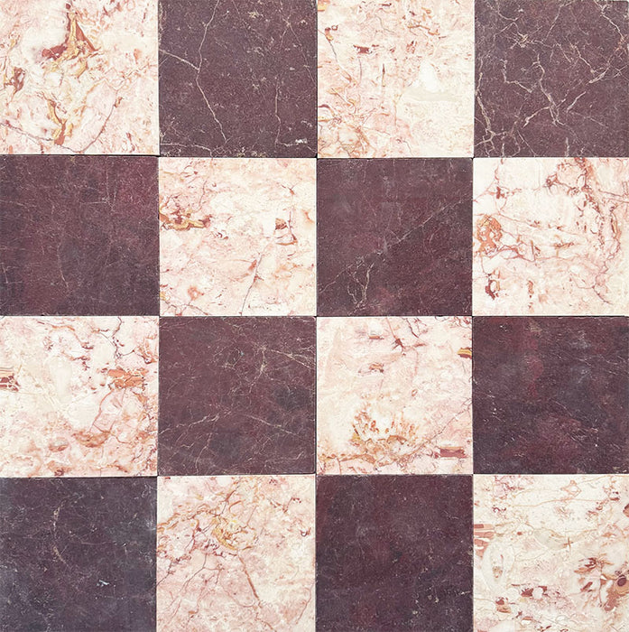 Chequerboard design featuring Fitzrovia Sylvester Pink Honed Finish Natural Marble 15.2cm x 15.2cm tiles paired with Fitzrovia Claret Red marble, blending soft blush pink tones, rich burgundy hues and timeless natural marble character.