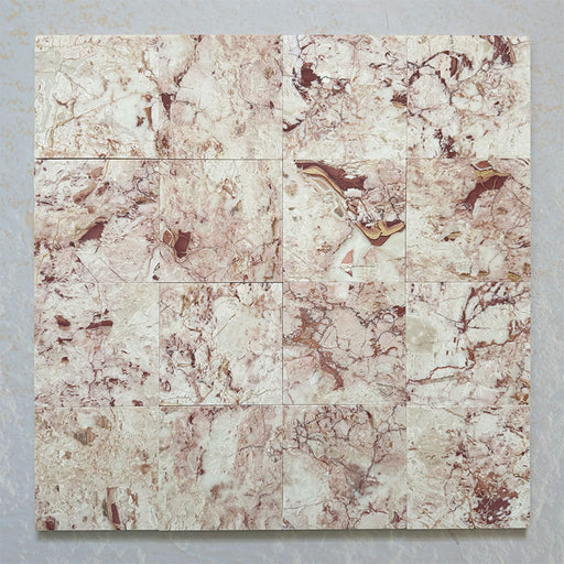Fitzrovia Sylvester Pink honed natural marble tile in a 15.2cm x 15.2cm square format, featuring soft blush pink, cream and warm terracotta veining with natural variation for a luxurious, timeless natural stone finish.