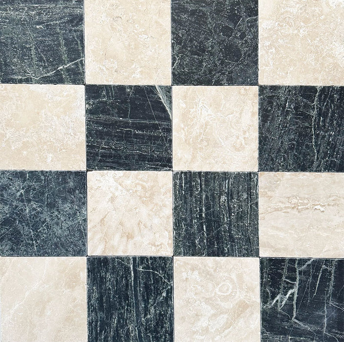 Chequerboard design featuring Fitzrovia Verde Tumbled Finish Natural Marble 15.2cm x 15.2cm tiles paired with Fitzrovia Cappuccino marble, combining deep green veining, warm beige tones and a timeless natural marble chequerboard pattern.