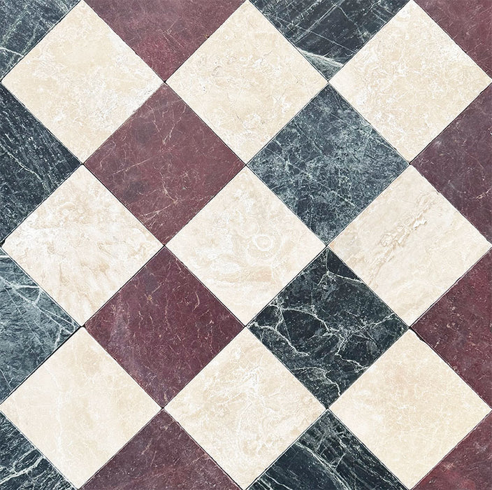 Diamond pattern featuring Fitzrovia Verde Tumbled Finish Natural Marble 15.2cm x 15.2cm tiles paired with Fitzrovia Cappuccino and Fitzrovia Claret Red marble, creating a timeless three-colour natural marble floor with rich green tones and classic appeal.