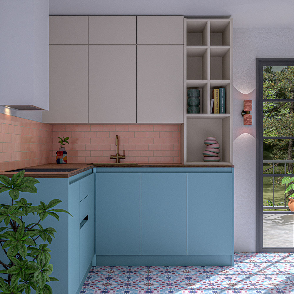 Modern kitchen featuring Fizaan Fiera Moroccan style porcelain tiles in 20cm x 20cm. Blue and pink patterned floor tiles add vibrant character, beautifully paired with blush pink gloss splashback tiles and soft blue cabinetry for a colourful, contemporary interior.