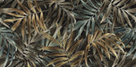 Close-up of Forest Decor Dark 60x120cm botanical-style wall tiles, featuring an oversized tropical leaf design in deep green, bronze and earthy neutral tones with a richly detailed, nature-inspired decorative finish.