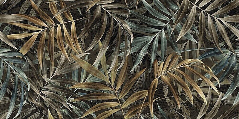 Close-up of Forest Decor Dark 60x120cm botanical-style wall tiles, featuring an oversized tropical leaf design in deep green, bronze and earthy neutral tones with a richly detailed, nature-inspired decorative finish.