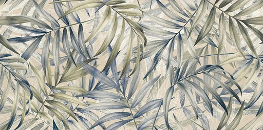 Close-up of Forest Decor Light 60x120cm botanical-style wall tiles, featuring an oversized tropical leaf design in soft green, blue and beige tones with a detailed, nature-inspired decorative finish.