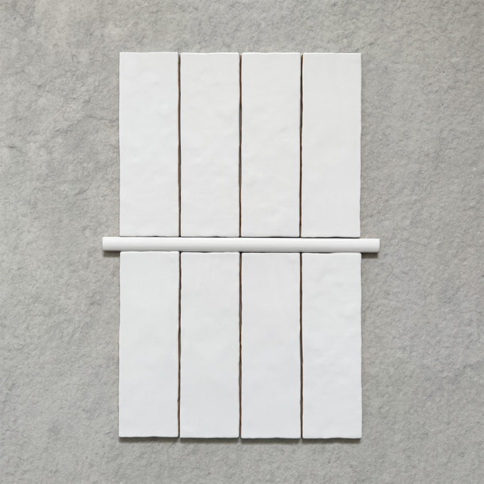 Fusion Arctic White 1.5x30cm gloss pencil bullnose border tiles featuring a clean bright white finish, designed for decorative edging and refined finishing details in contemporary wall tile installations.