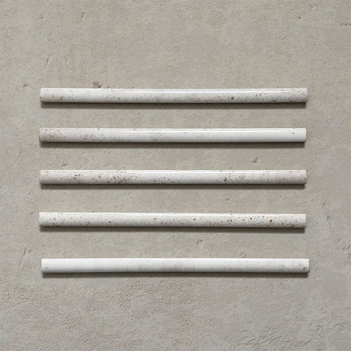 Fusion Chalk White 1.5x30cm gloss pencil bullnose border tiles featuring soft white and subtle speckled tonal variation, designed for decorative edging and refined finishing details in contemporary wall tile installations.