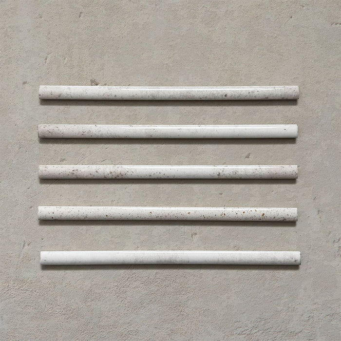 Fusion Chalk White 1.5x30cm gloss pencil bullnose border tiles featuring soft white and subtle speckled tonal variation, designed for decorative edging and refined finishing details in contemporary wall tile installations.