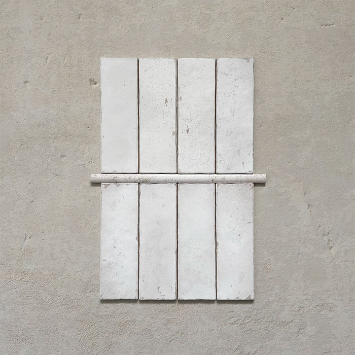 Fusion Chalk White 1.5x30cm gloss pencil bullnose border tiles featuring soft white and subtle speckled tonal variation, designed for decorative edging and refined finishing details in contemporary wall tile installations.