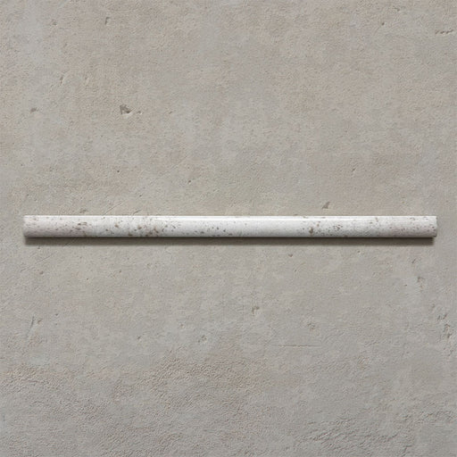 Fusion Chalk White 1.5x30cm gloss pencil bullnose border tiles featuring soft white and subtle speckled tonal variation, designed for decorative edging and refined finishing details in contemporary wall tile installations.