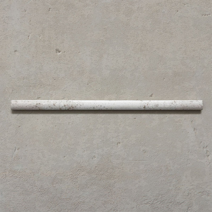 Fusion Chalk White 1.5x30cm gloss pencil bullnose border tiles featuring soft white and subtle speckled tonal variation, designed for decorative edging and refined finishing details in contemporary wall tile installations.