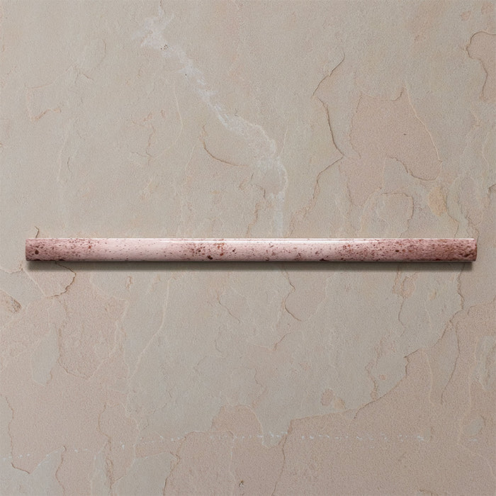 Fusion Coral Pink 1.5x30cm gloss pencil bullnose border tiles featuring soft blush and terracotta speckled tones, designed for decorative edging and refined finishing details in contemporary wall tile installations.