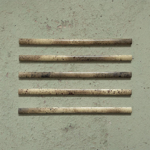 Fusion Moss Green 1.5x30cm gloss pencil bullnose border tiles featuring earthy olive and stone-toned speckled variation, designed for decorative edging and refined finishing details in contemporary wall tile installations.