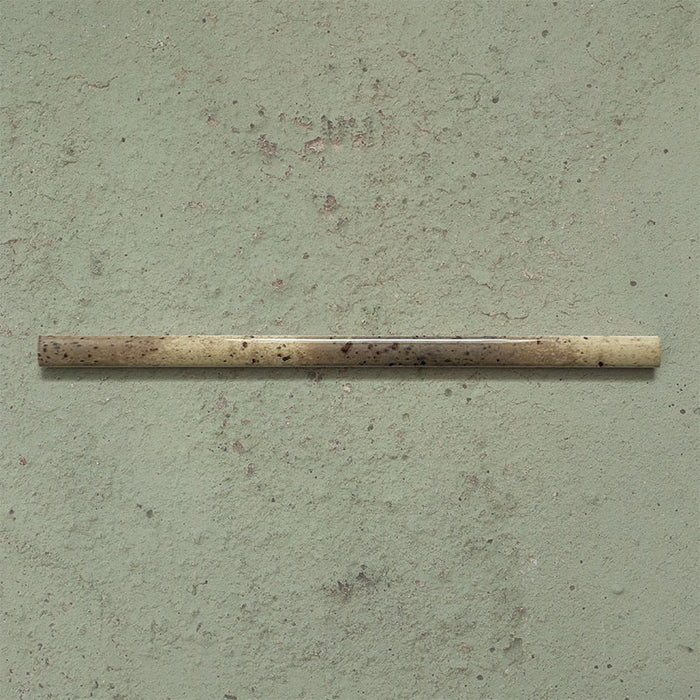 Fusion Moss Green 1.5x30cm gloss pencil bullnose border tiles featuring earthy olive and stone-toned speckled variation, designed for decorative edging and refined finishing details in contemporary wall tile installations.