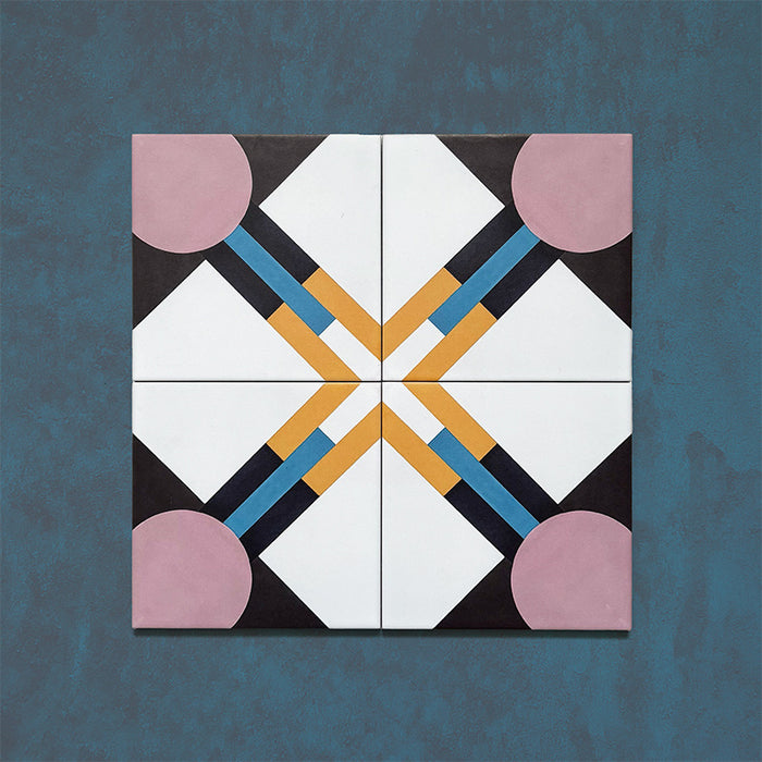 Four-tile layout of the Geometry Contour 20x20cm patterned tile, featuring intersecting mustard, teal, and navy lines forming a central diamond motif, with soft pink quarter circles in each corner against a white and deep charcoal background.