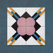 Four-tile layout of the Geometry Contour 20x20cm patterned tile, featuring intersecting mustard, teal, and navy lines forming a central diamond motif, with soft pink quarter circles in each corner against a white and deep charcoal background.