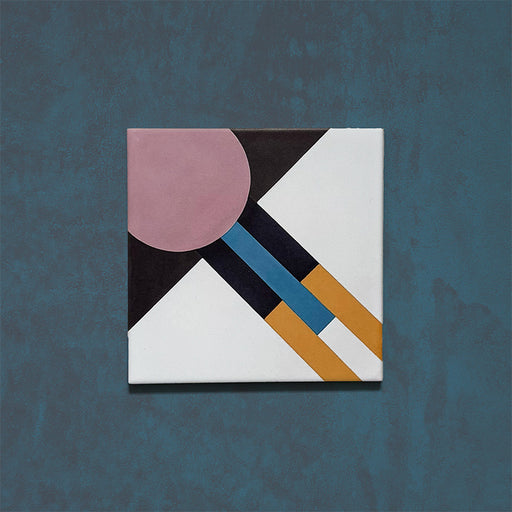 Geometry Contour patterned tile in a 20x20cm size shown as a single tile, featuring a bold geometric design with a mauve semicircle, black and white diagonal sections, and mustard, teal, and navy linear accents on a textured blue background.