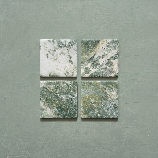 Product image of Giovanni Square Salvia Vintage Marble wall and floor tiles in an 11cm x 11cm format, featuring green and white marble effect detailing, natural veining and rounded vintage-inspired edges.