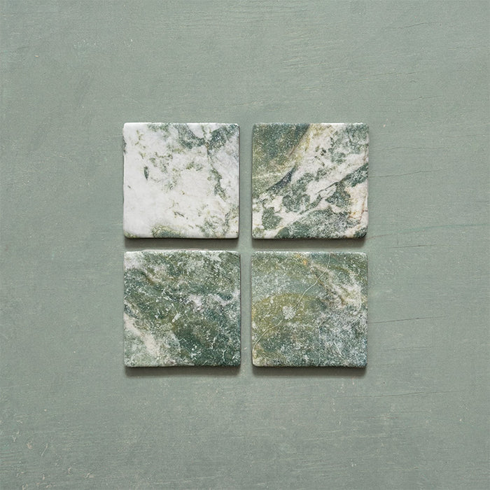 Product image of Giovanni Square Salvia Vintage Marble wall and floor tiles in an 11cm x 11cm format, featuring green and white marble effect detailing, natural veining and rounded vintage-inspired edges.