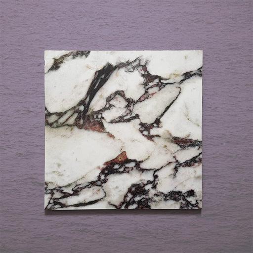 Close-up of Grand Bazaar Violetta matt marble-effect tile in a 30cm x 30cm format, featuring a white background with dramatic burgundy, plum and charcoal veining. The bold natural marble-inspired pattern creates a luxurious statement look, ideal for chequerboard floor designs and feature spaces.
