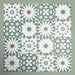Patchwork layout of Soukaina Green D Moroccan-style 20cm x 20cm patterned porcelain tiles, combining multiple geometric designs in soft green, white and neutral tones with a matt finish.