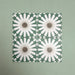 Group of Soukaina Green B Moroccan-style 20cm x 20cm patterned porcelain tiles, showing a repeating geometric star design in deep green, white and warm neutral tones with a matt finish.
