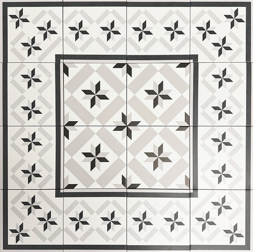 Georgetown Star Border Victorian-style 20x20cm patterned porcelain tiles arranged in a grouped layout, showcasing the monochrome star motif with coordinated border framing.