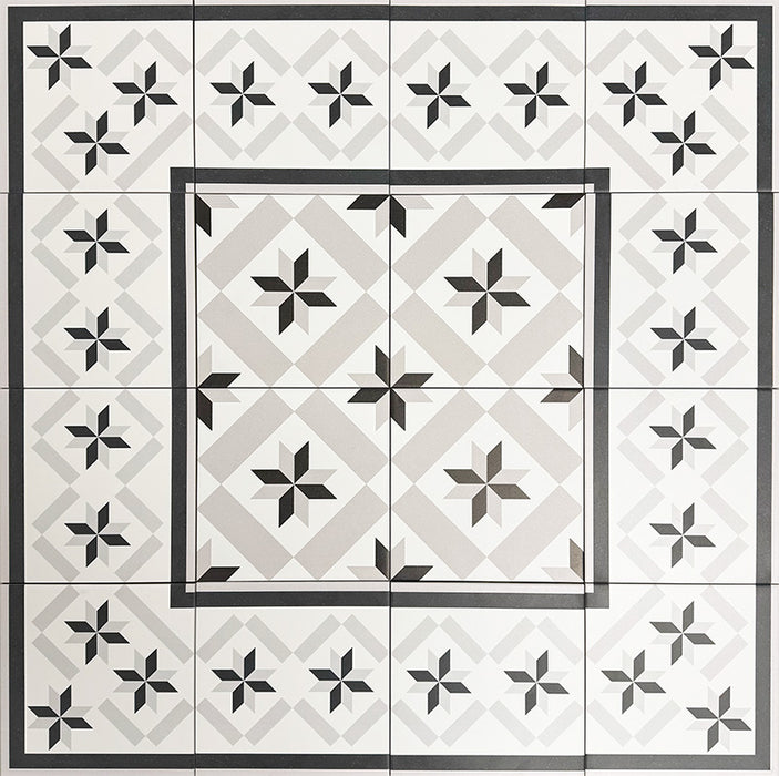 Georgetown Star Victorian-style 20x20cm patterned porcelain tiles arranged in a grouped layout, showcasing the classic black, white, and grey star motif with coordinating border detailing.