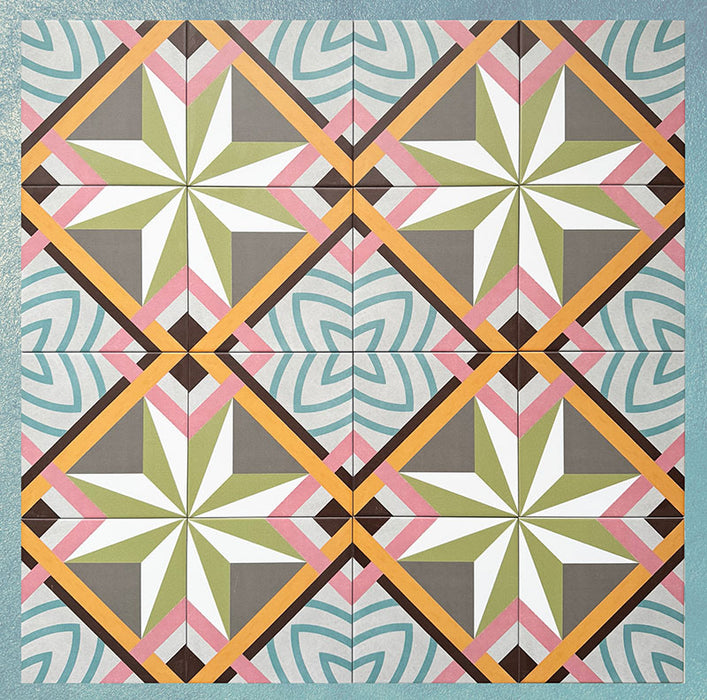 Cabana Star 20x20cm Moroccan-style ceramic tiles shown in a group layout, featuring a multicolour geometric star and stripe pattern