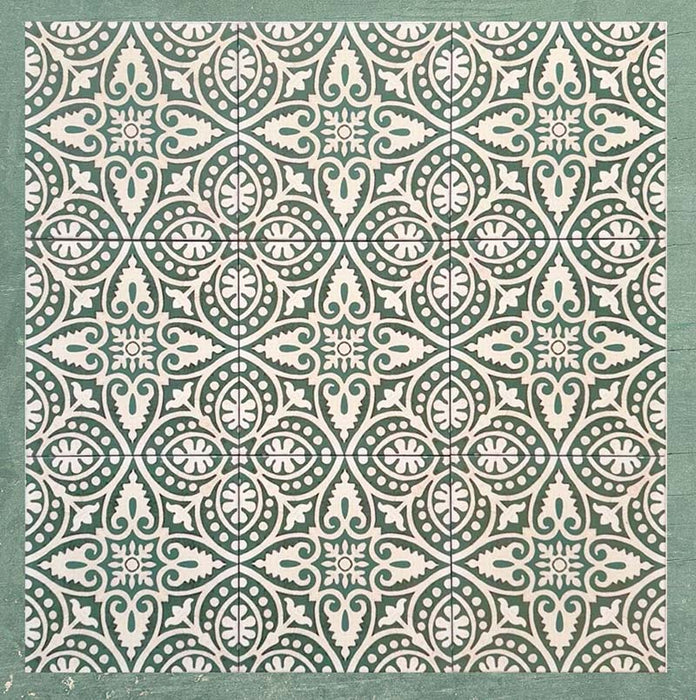 Cabana Flowers Moroccan Style 20x20cm group of porcelain tiles displaying a repeating floral and leaf pattern in deep green and cream tones, forming an elegant, vintage-inspired geometric design with a smooth matt finish