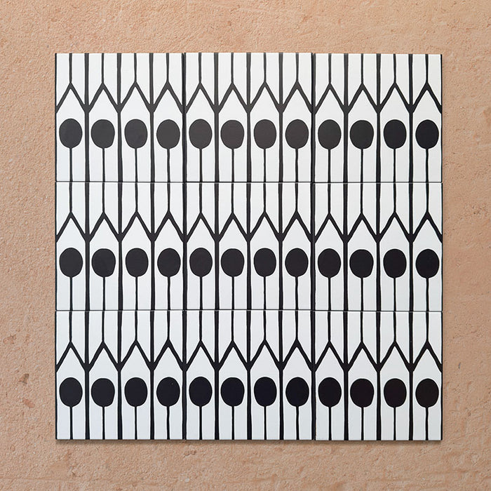 Alhambra Felisa 20x20cm Moroccan tiles shown in a grouped layout, featuring a striking black and white vertical pattern with bold circular motifs and pointed arches for a distinctive Moroccan-inspired design.
