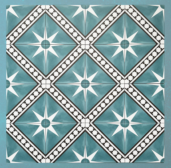 Galata Blue Moroccan Style 20x20cm group of tiles featuring a repeating white star motif with black geometric borders on a rich blue background, forming a symmetrical diamond pattern across multiple tiles.